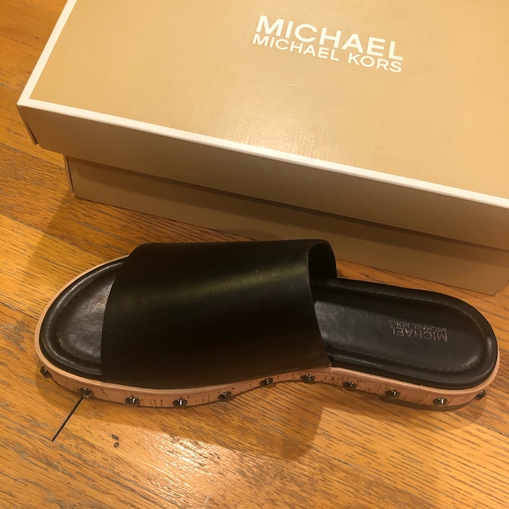 NIB Michael Kors Black Leather Studded Slides